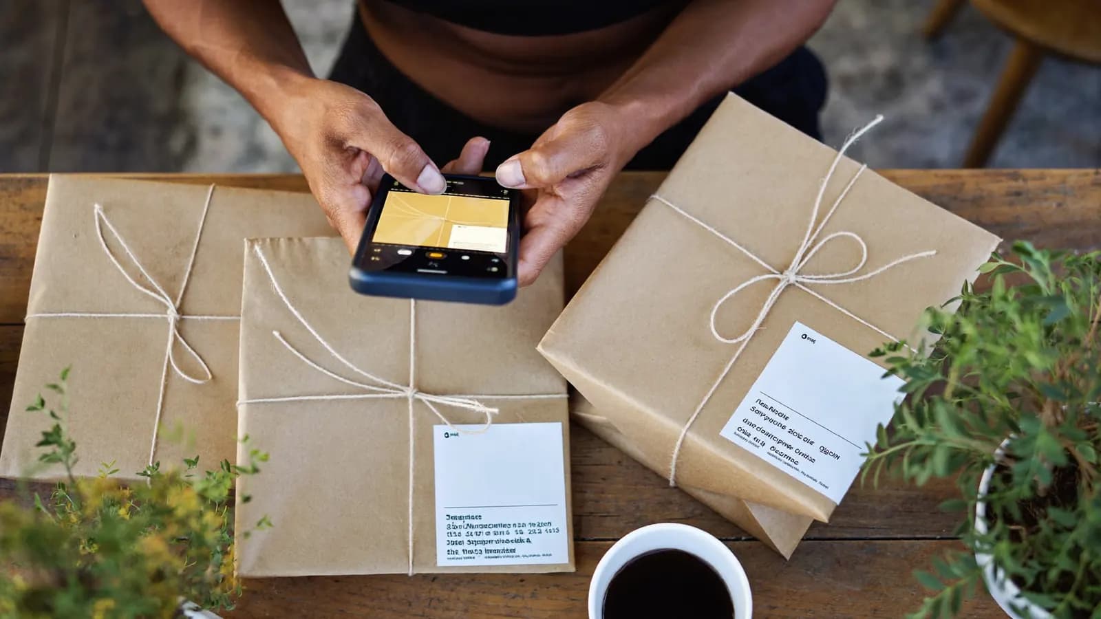 Mãos segurando o celular sobre um balcão com pedidos embalados em papel kraft