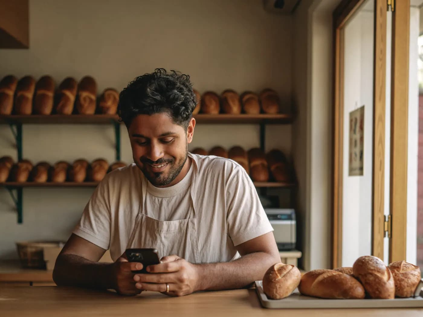 Dono de padaria sorrindo enquanto confere as respostas dos clientes no celular